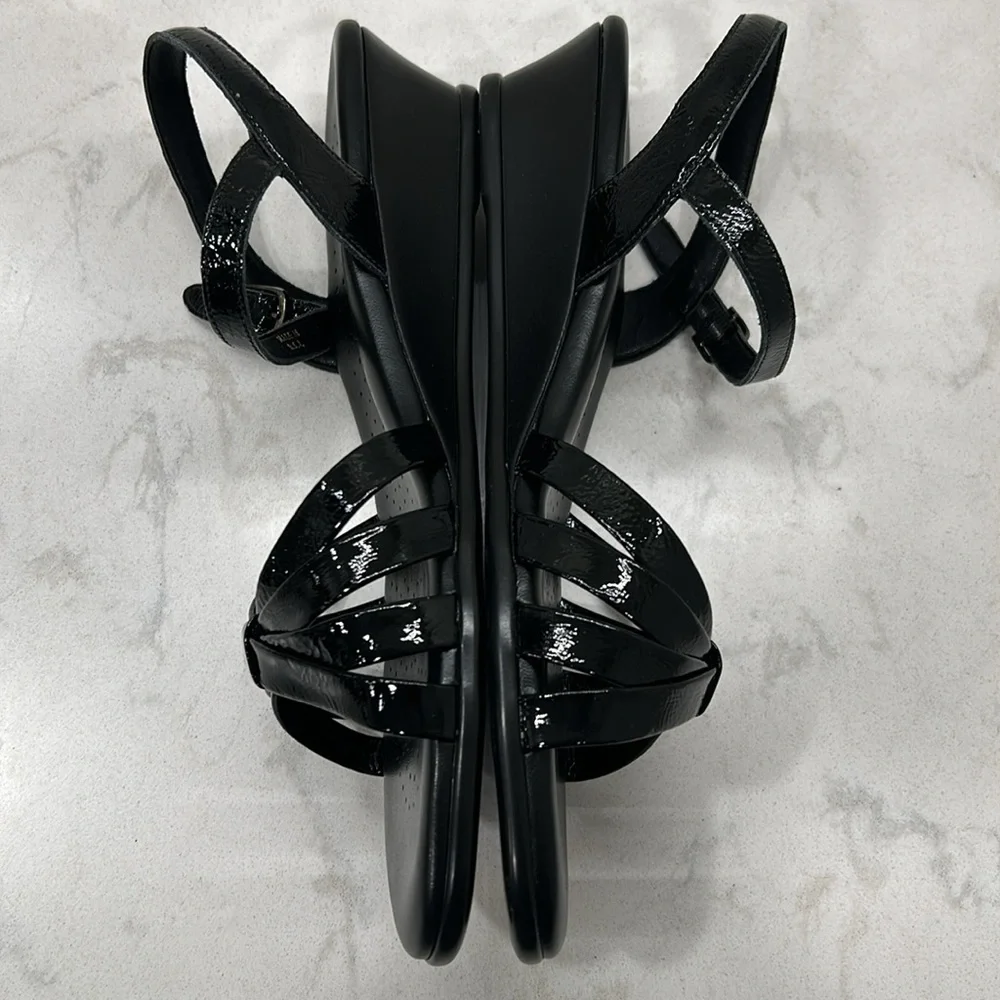 SAS Strippy Quarter Strap Wedge Sandal Women's Stylish Black Patent Size 9